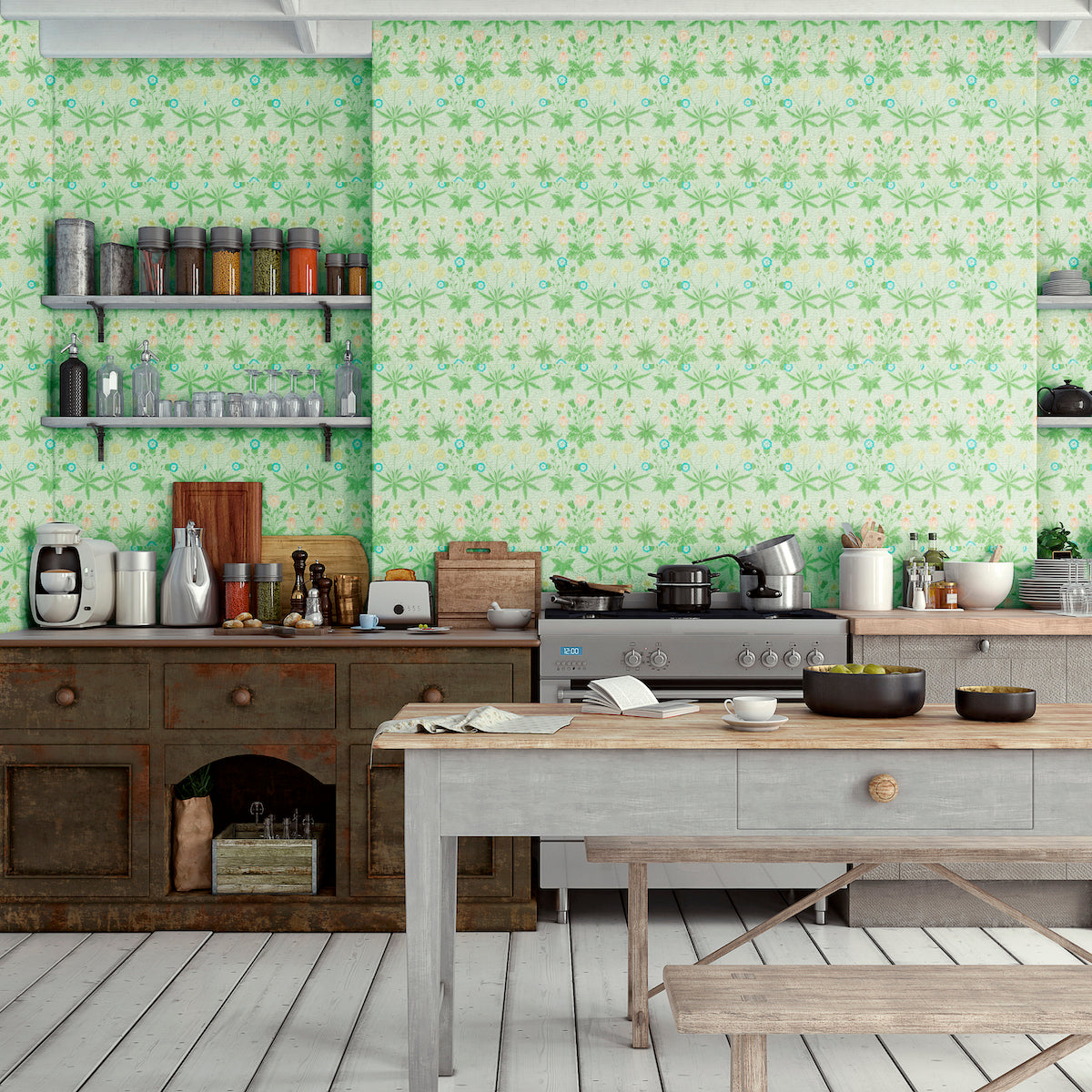 1012 - Daisy Wallpaper - Green - Morris Collections
