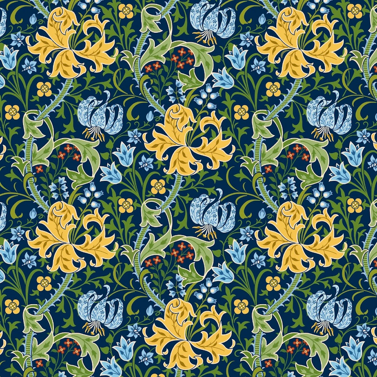 1023-1 - Golden Lily Wallpaper - Green-Blue - Morris Collections