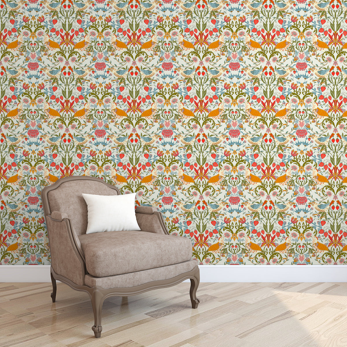 1024 - Strawberry Thief Wallpaper - Grey Sky - Morris Collections