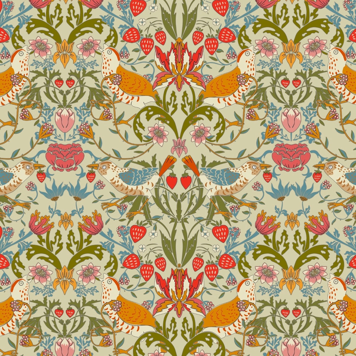 1025 - Strawberry Thief Wallpaper - Pale Olive - Morris Collections