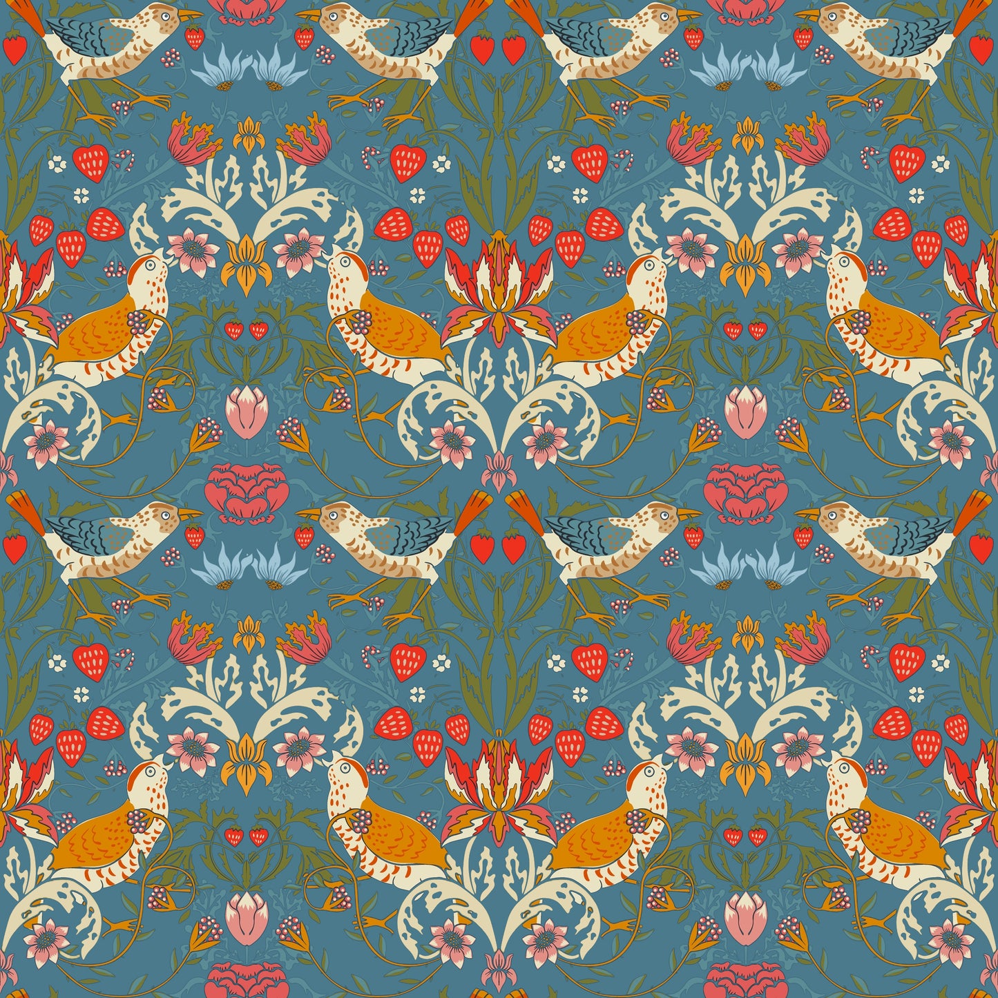 1026-1 - Strawberry Thief Wallpaper - Denim - Morris Collections
