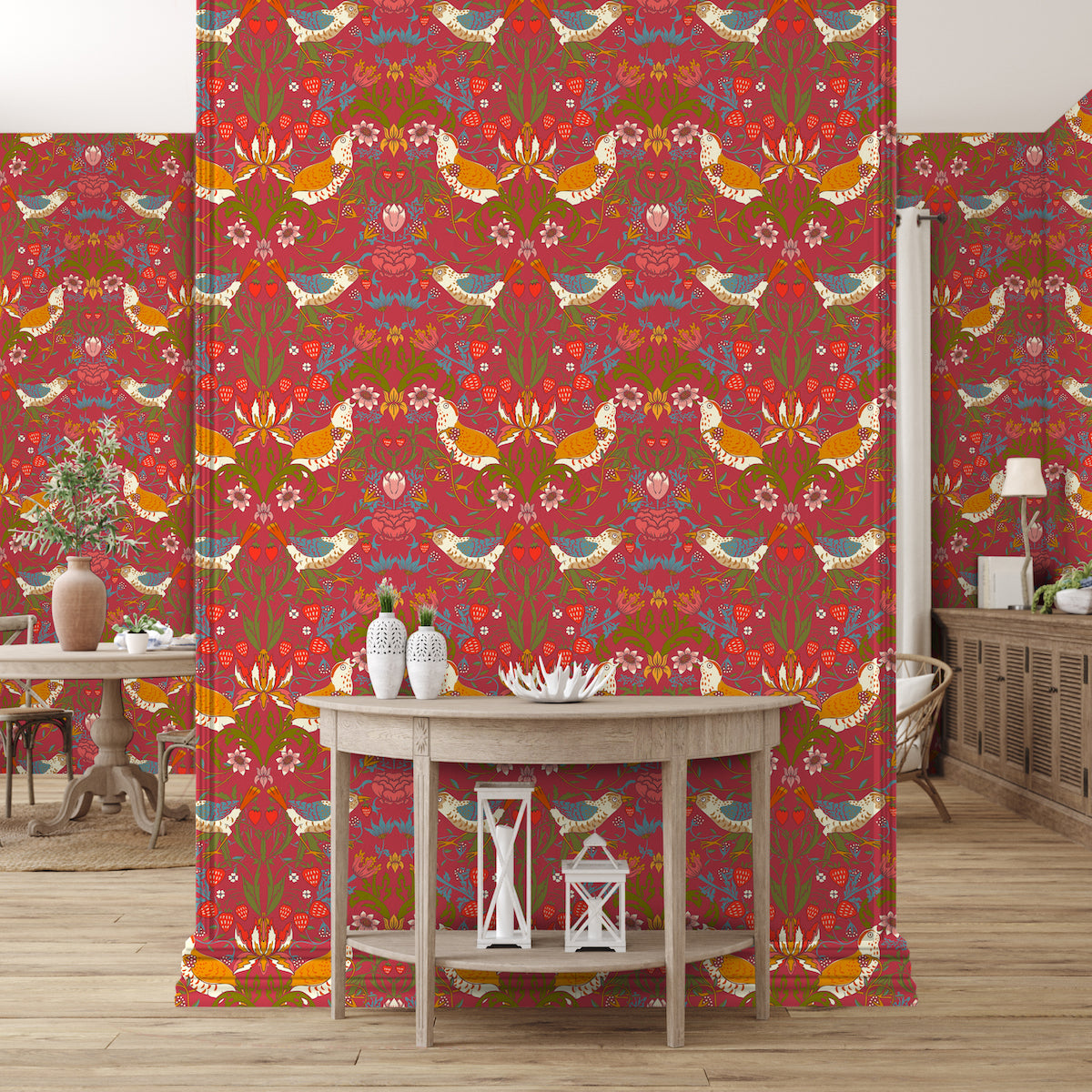 1027 - Strawberry Thief Wallpaper - Crimson-Red - Morris Collections