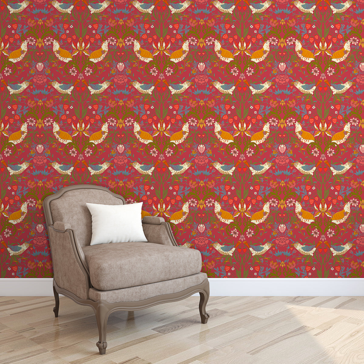 1027 - Strawberry Thief Wallpaper - Crimson-Red - Morris Collections