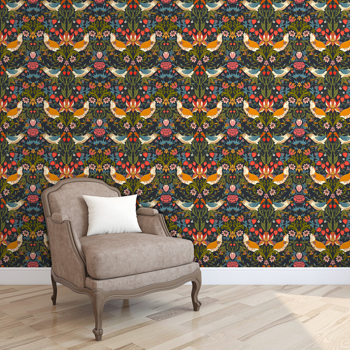 1028 - Strawberry Thief Wallpaper - Midnight - Morris Collections