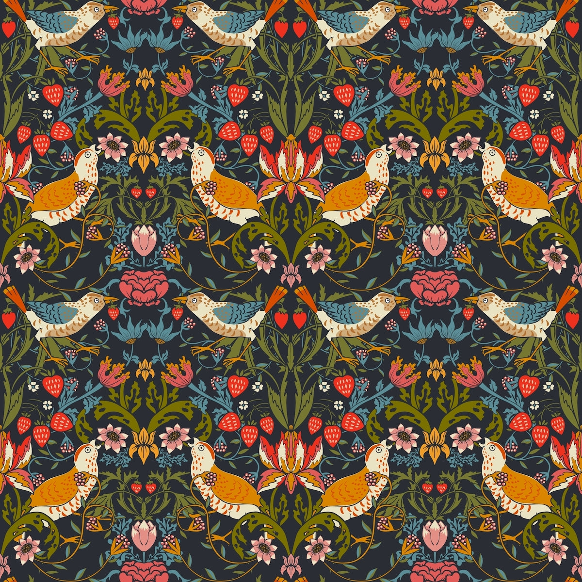 1028 - Strawberry Thief Wallpaper - Midnight - Morris Collections