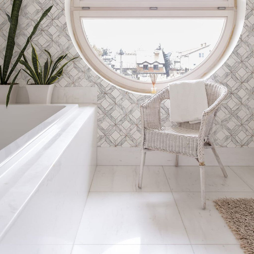103856 - Marble Marquetry Wallpaper - White & Rose Gold - Contour