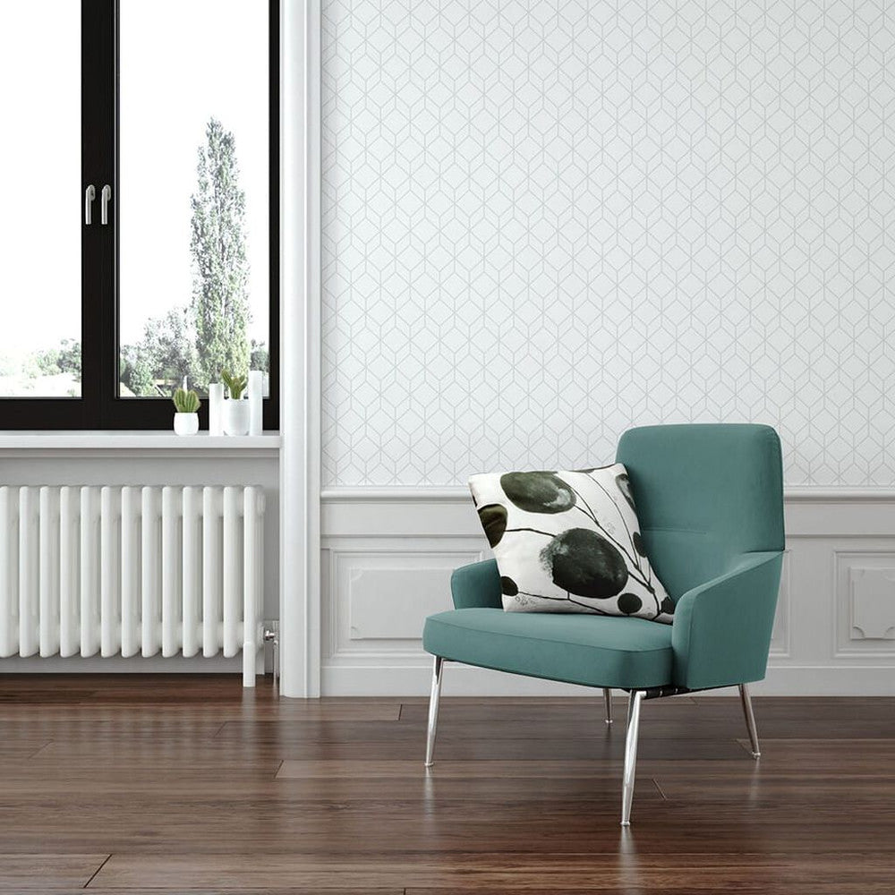 104121 - Myrtle Geo Wallpaper - White & Silver - Superfresco Easy