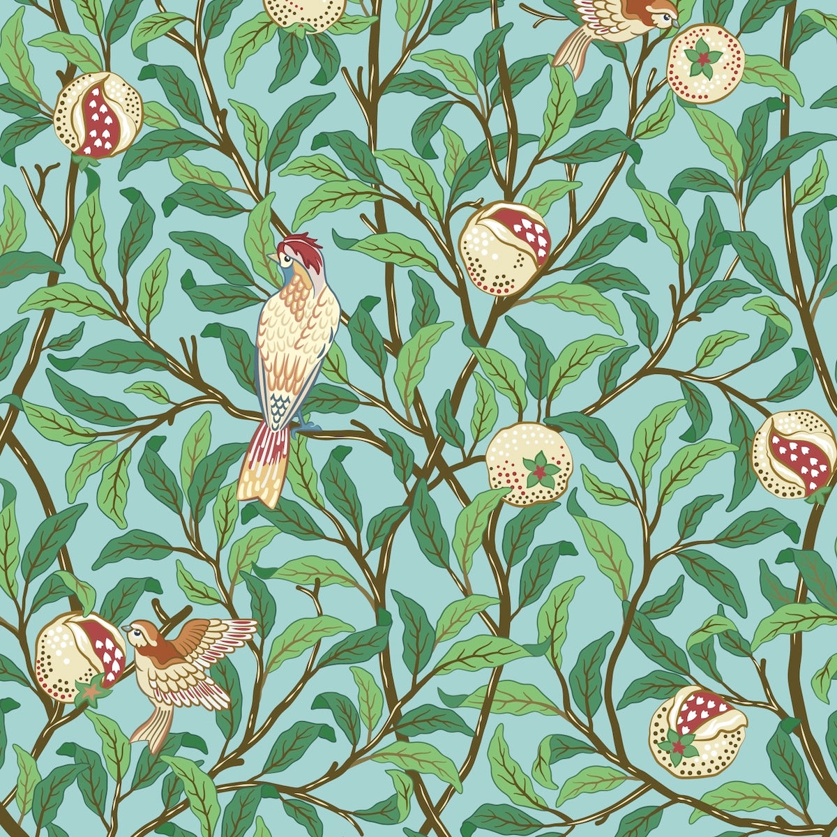 1041 - Bird & Pomegrante Wallpaper - Apple Green - Morris Collections