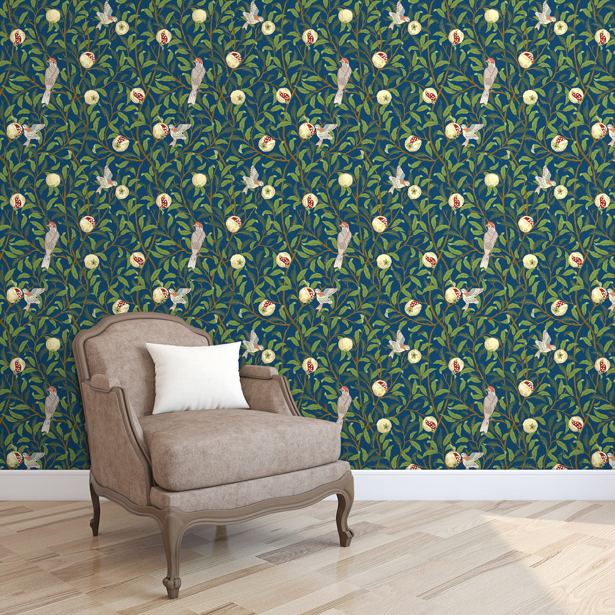 1042 - Bird & Pomegrante Wallpaper - Lapis - Morris Collections