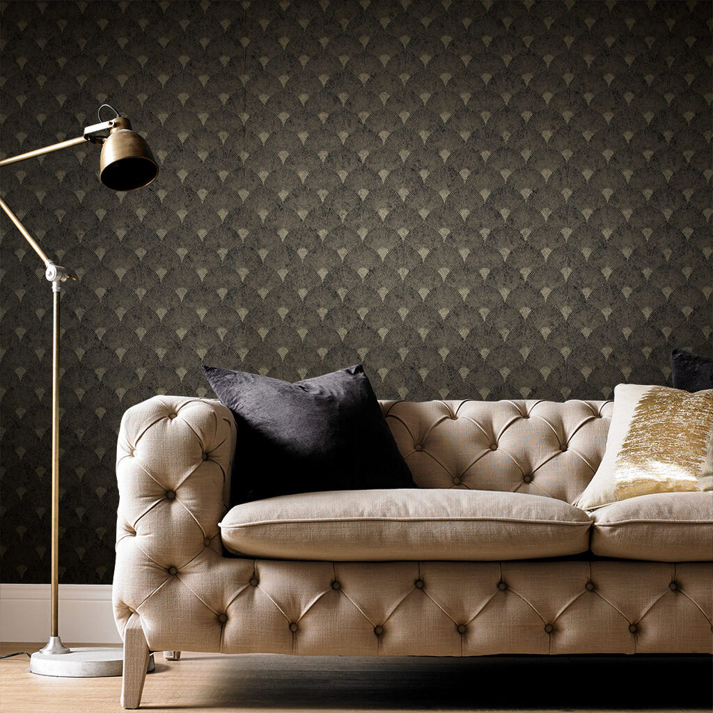 104303 - Fan Wallpaper - Black & Gold - Graham & Brown