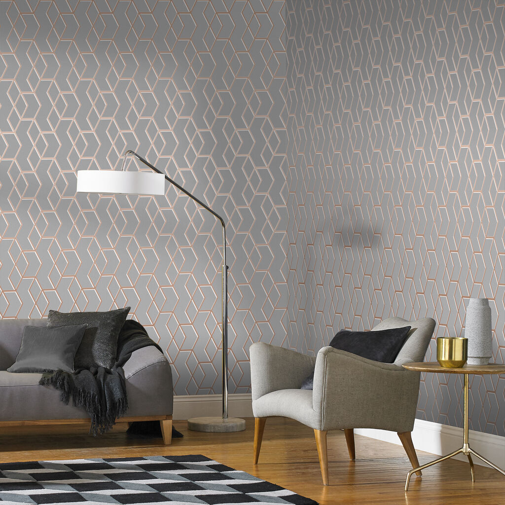 104734 - Archetype Wallpaper - Grey Rose Gold - Graham & Brown