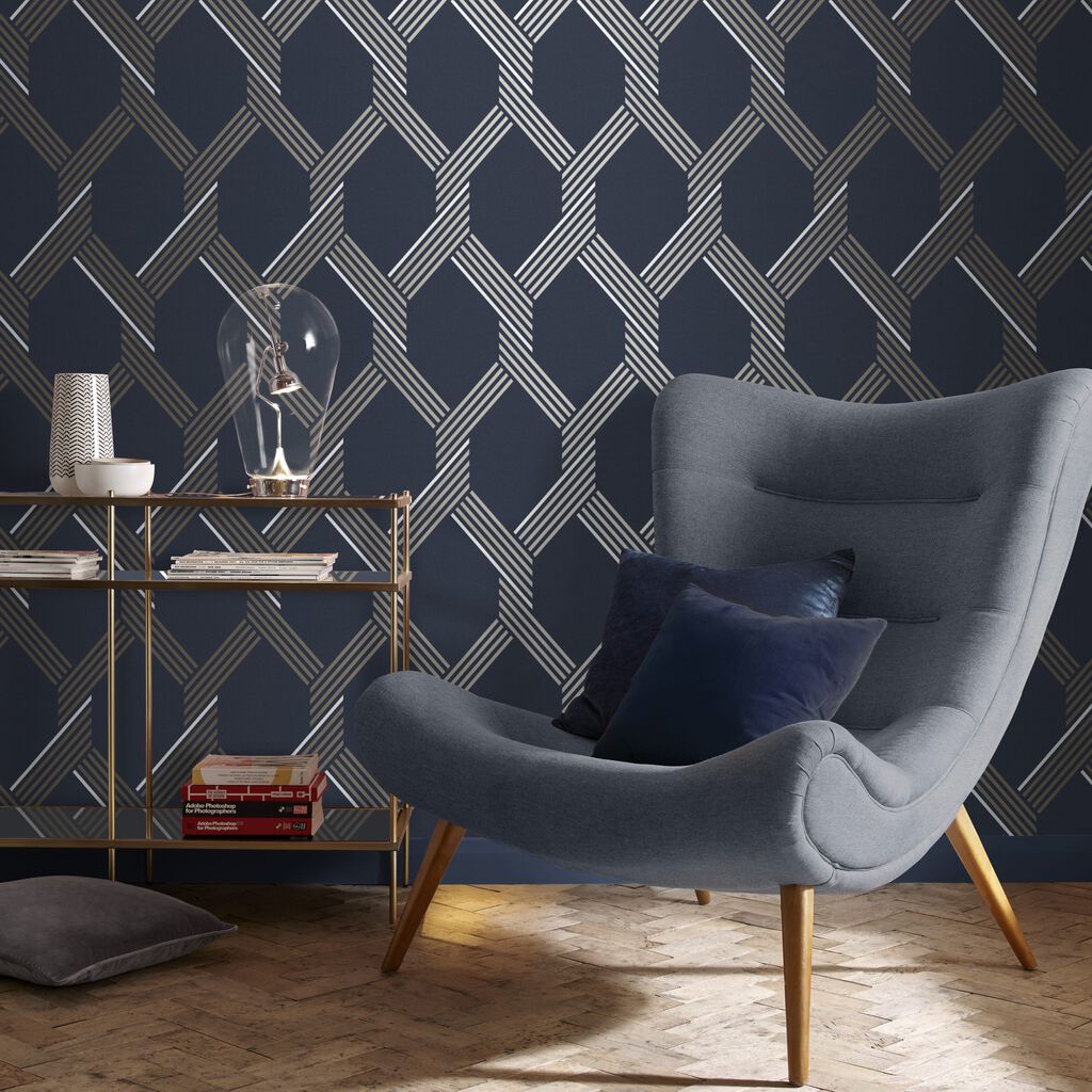 105466 - Vector Wallpaper - Navy Gold - Graham & Brown