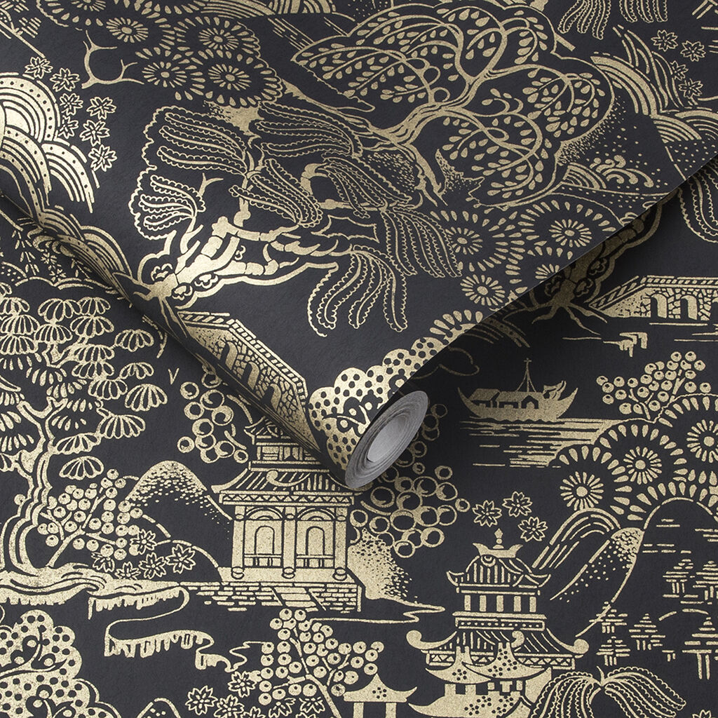 105929 - Basuto Wallpaper - Black Gold - Graham & Brown