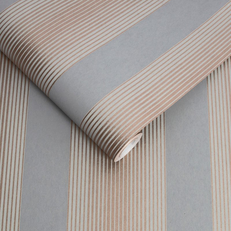 106766 - Lagom Stripe Wallpaper - Grey Rose Gold - Graham & Brown