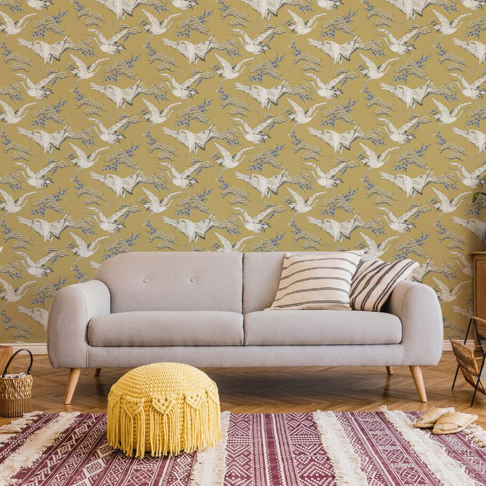 108121 - Cranes Wallpaper - Ochre - Superfresco Easy