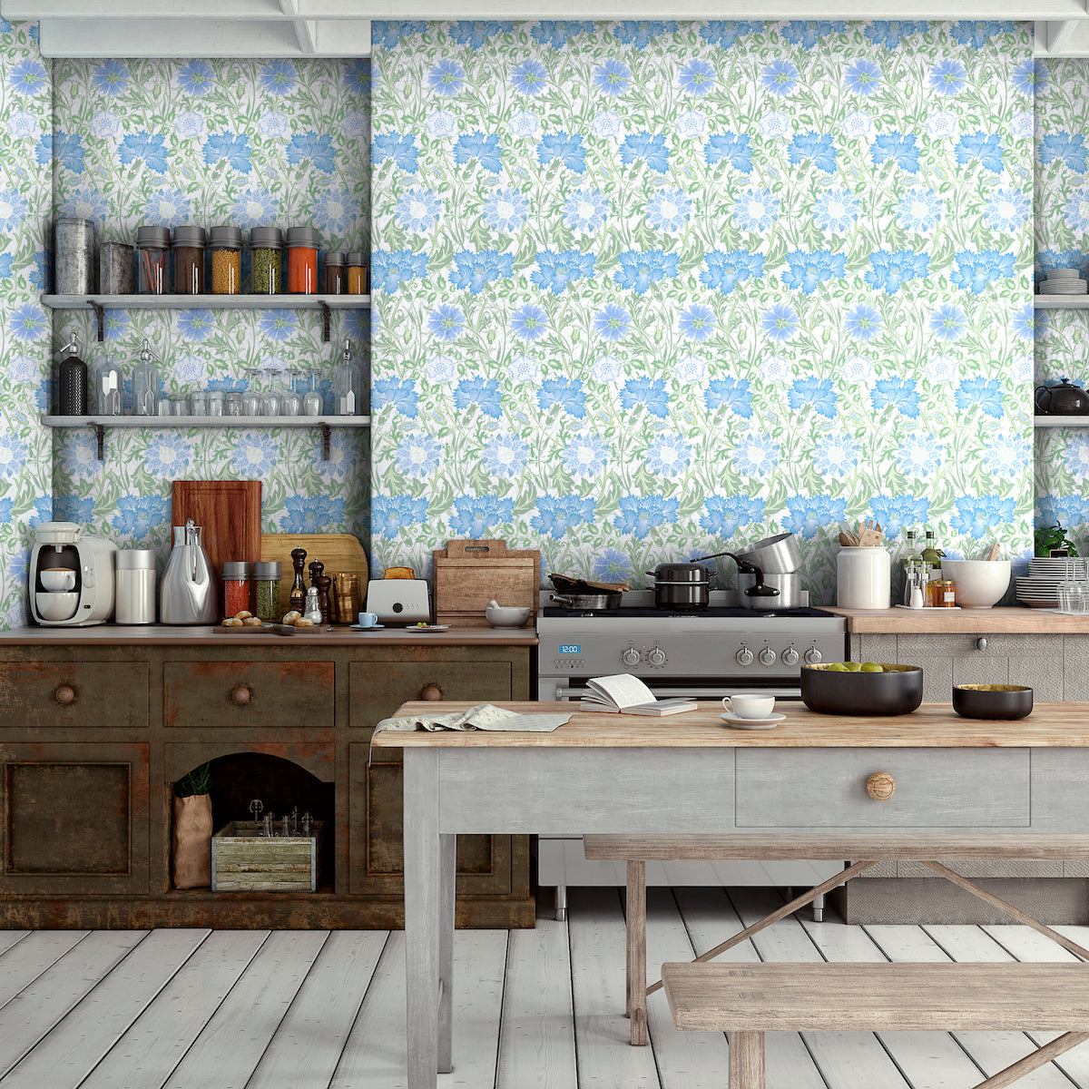 1090 - Iris & Chrysanthemum Wallpaper - Sky Green - Morris Collections