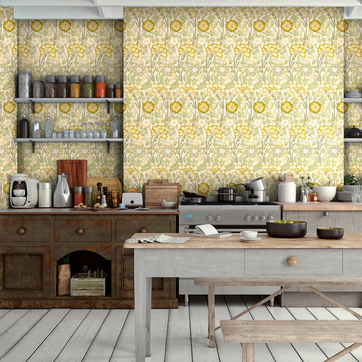 1091 - Iris & Chrysanthemum Wallpaper - Fern Green - Morris Collections