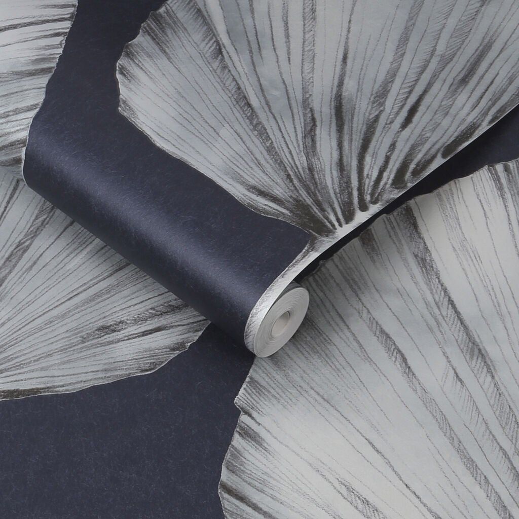 112195 - Palm Fan Wallpaper - Navy - Graham & Brown