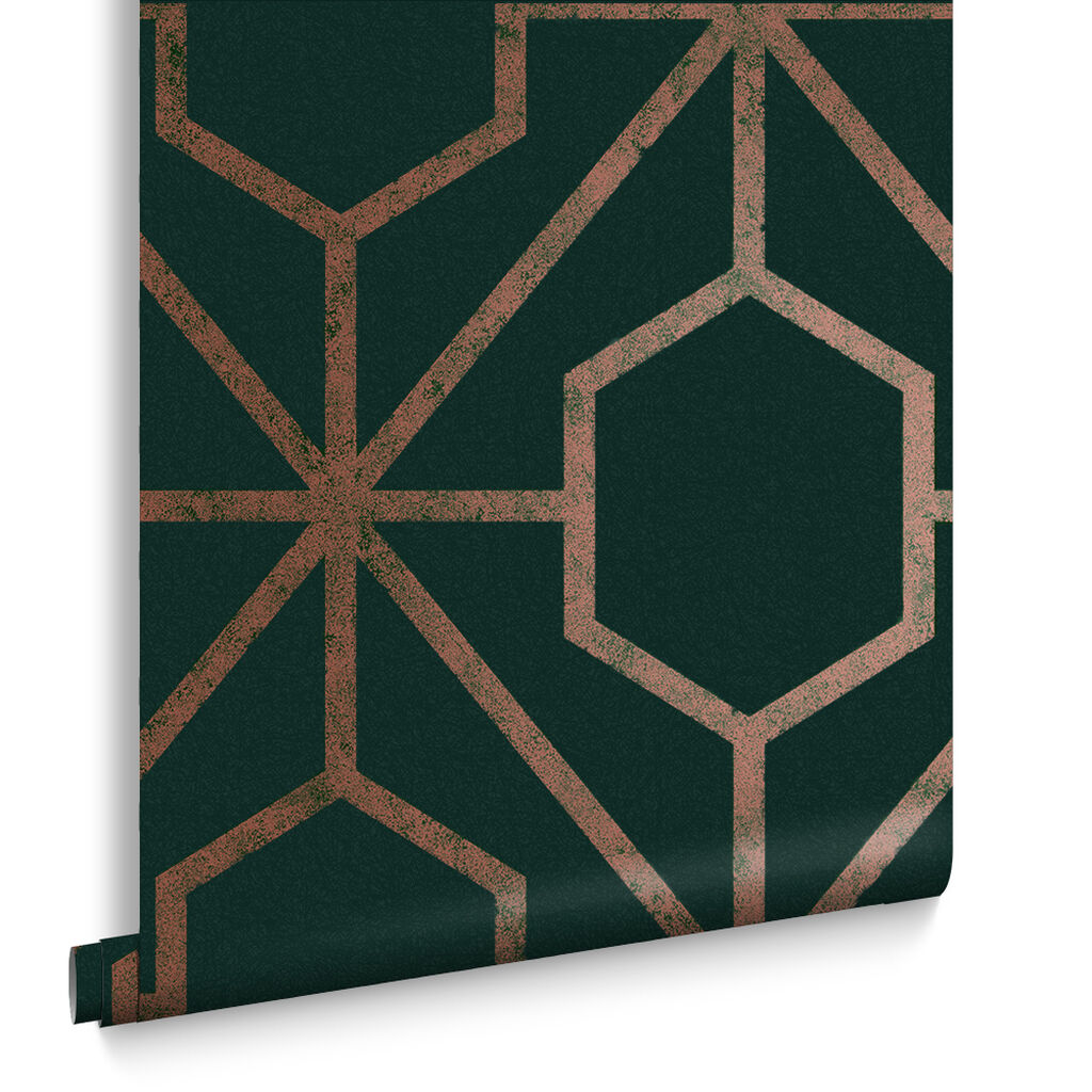 112198 - Rinku Wallpaper - Green & Copper - Graham & Brown
