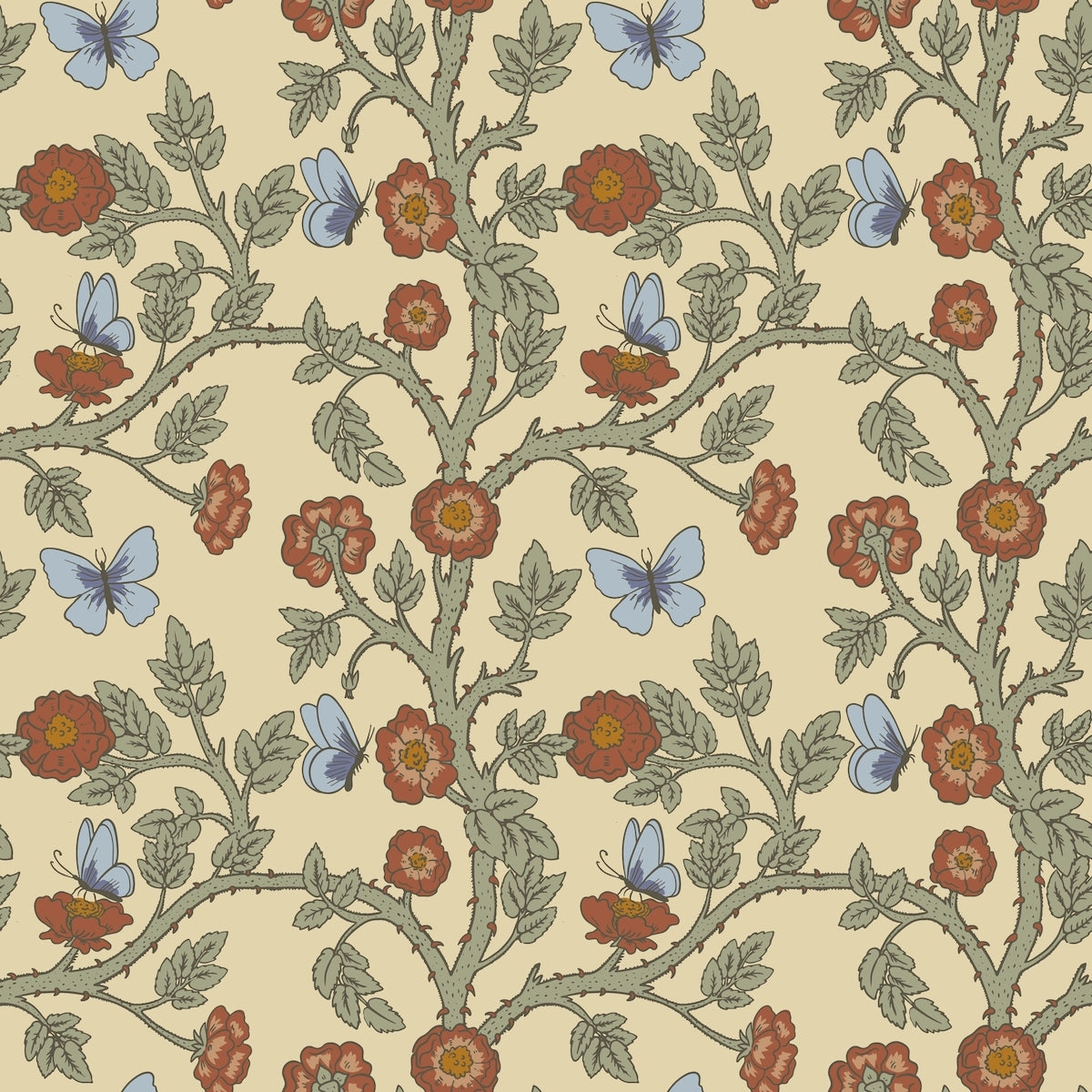 1125 - Thorn & Butterfly Wallpaper - Custard - Morris Collections