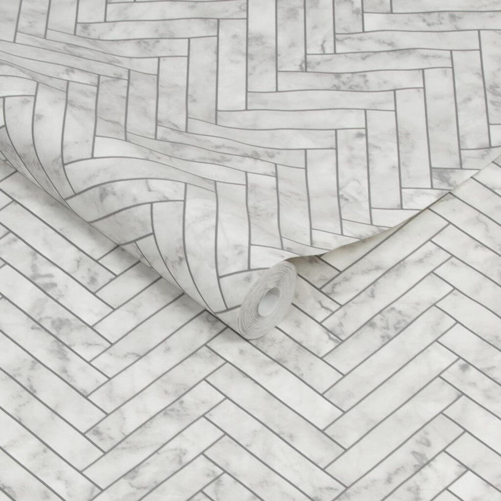 112644 - Marble Chevron Tile Wallpaper - White - Contour