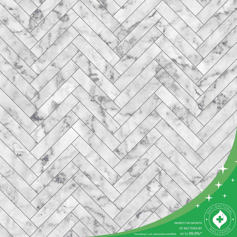 112644 - Marble Chevron Tile Wallpaper - White - Contour