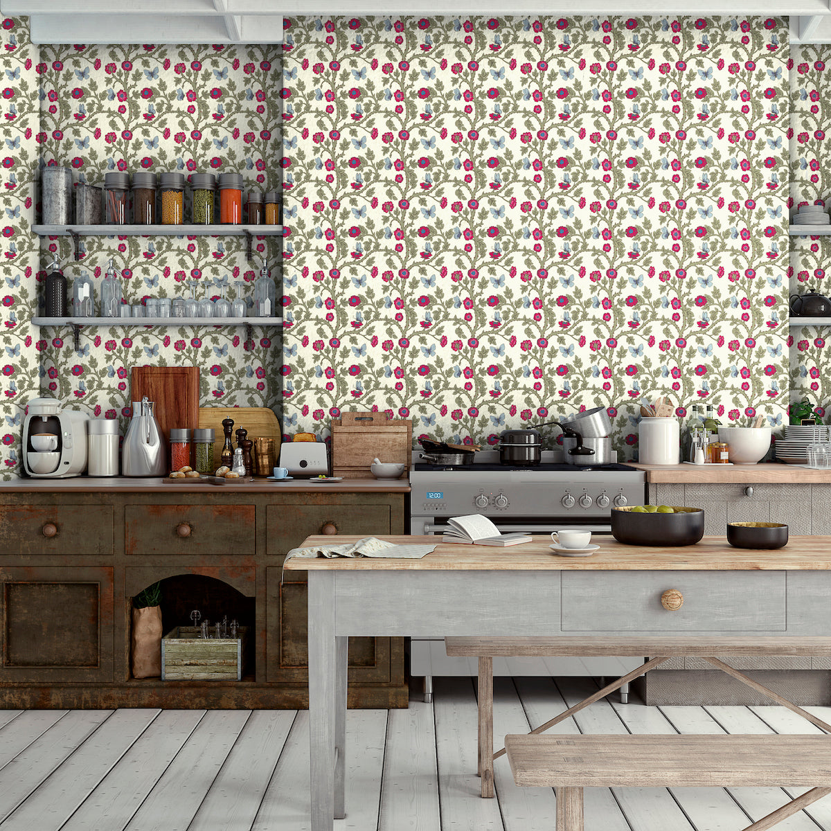 1126 - Thorn & Butterfly Wallpaper - Ivory White - Morris Collections