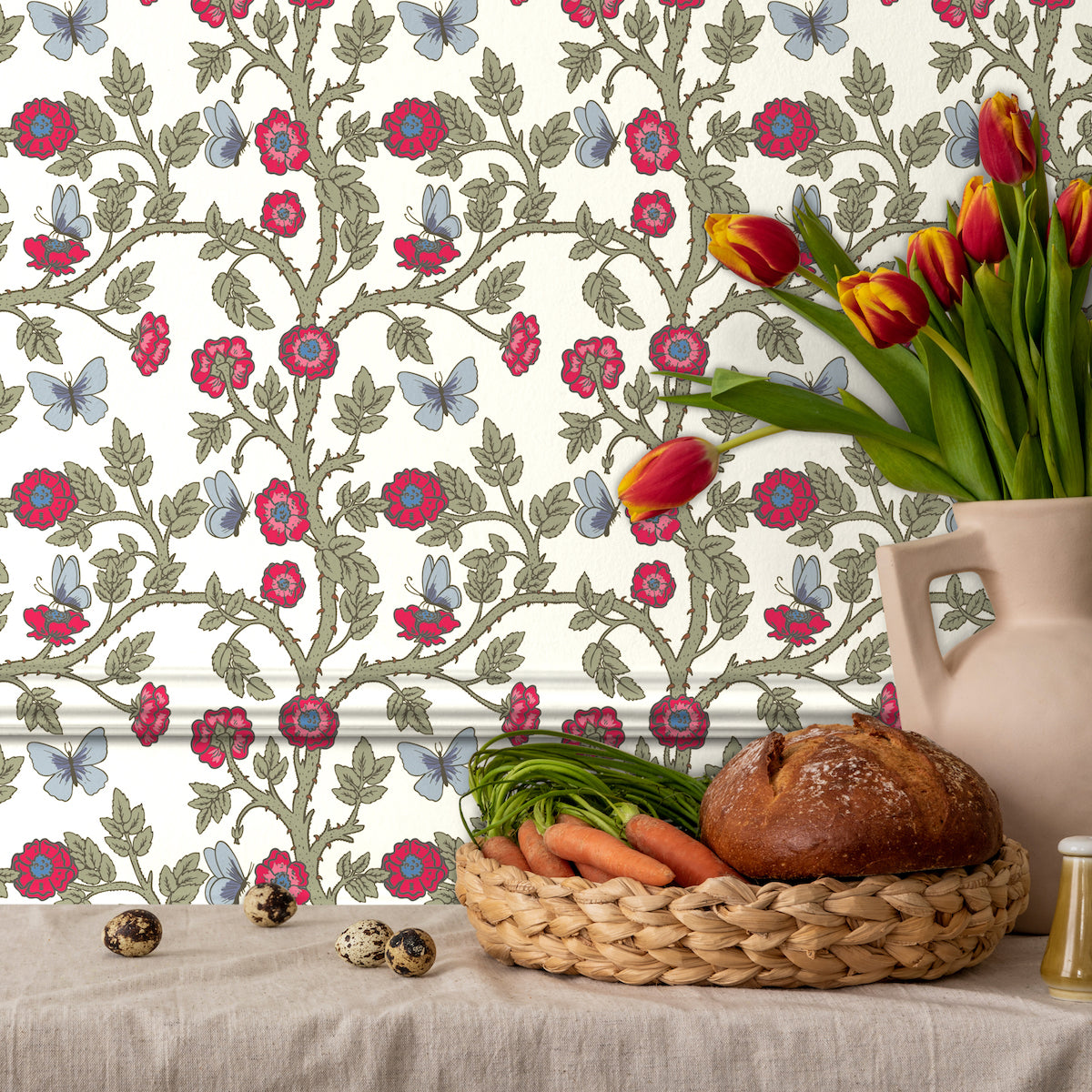 1126 - Thorn & Butterfly Wallpaper - Ivory White - Morris Collections