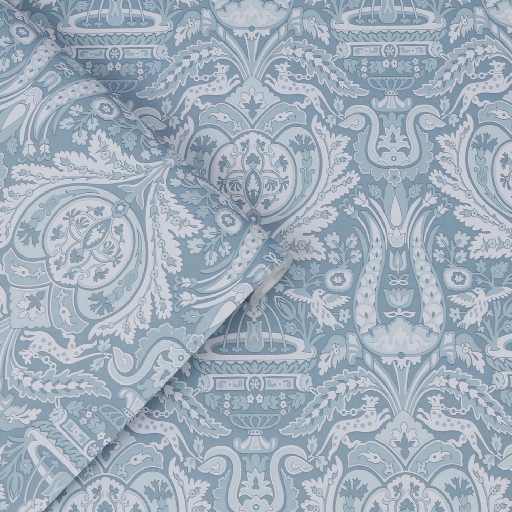 113409 - Heraldic Damask Wallpaper - Dusky Seaspray - Laura Ashley