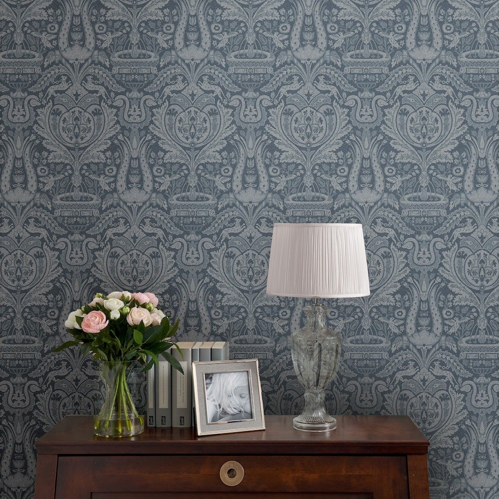 113409 - Heraldic Damask Wallpaper - Dusky Seaspray - Laura Ashley