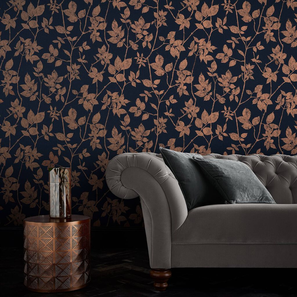 113944 - Luna Wallpaper - Navy Copper - Graham & Brown