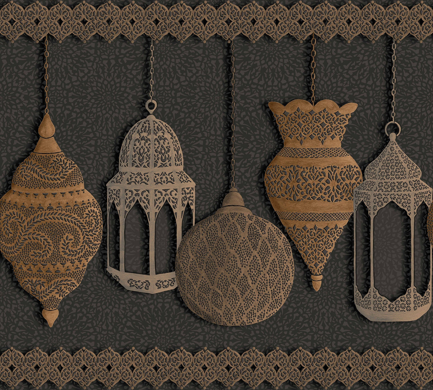 113/6015 - Fez Border Wallpaper - Metallic Silver & Metallic Bronze on Charcoal - Cole & Son