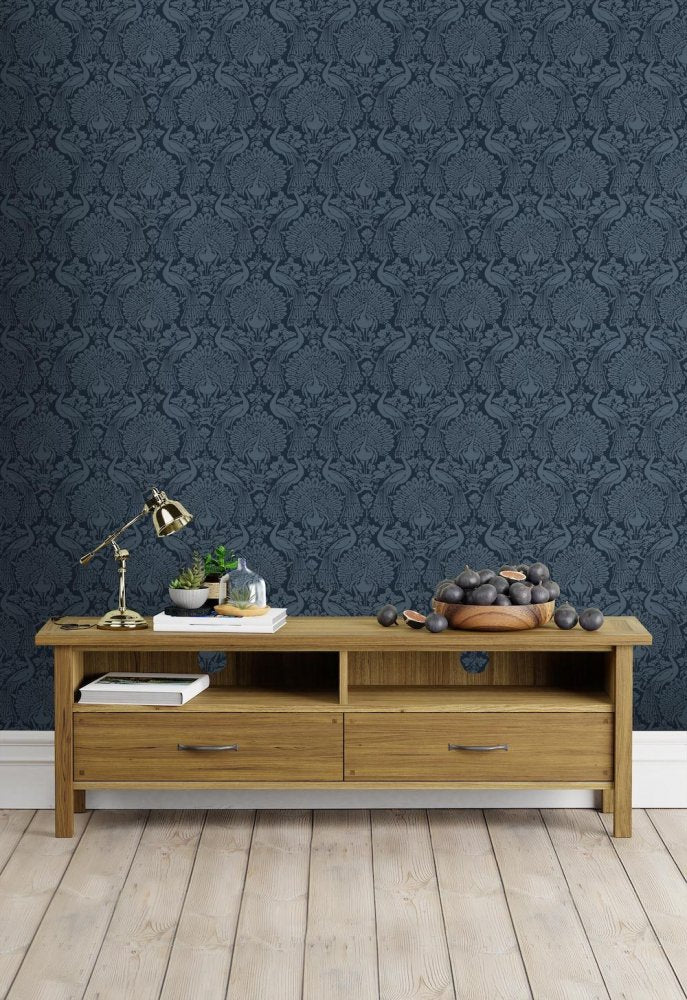 114910 - Peacock Damask Wallpaper - Dusky Seaspray - Laura Ashley