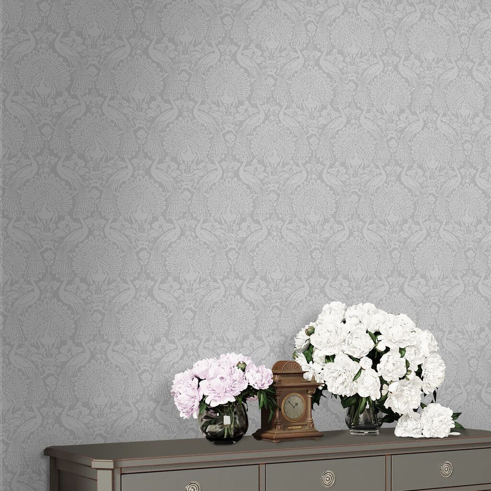 114911 - Peacock Damask Wallpaper - Pale Slate - Laura Ashley