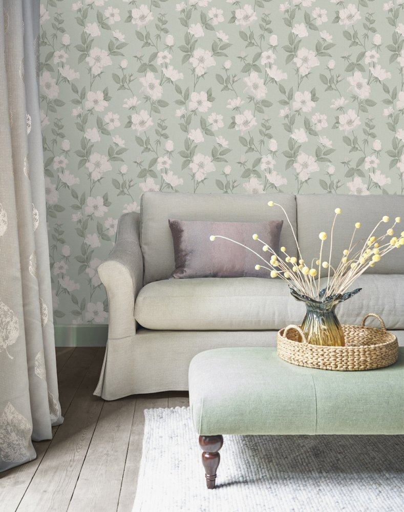 114917 - Fleurir Wallpaper - Smoke Green - Laura Ashley