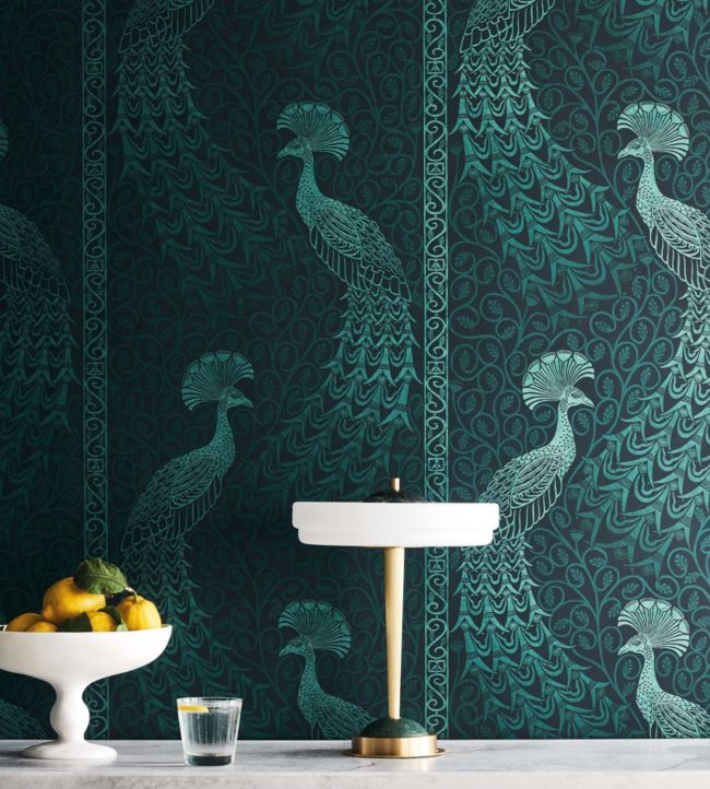 116/8028 - Pavo Parade Wallpaper - Metallic Petrol on Ink - Cole & Son