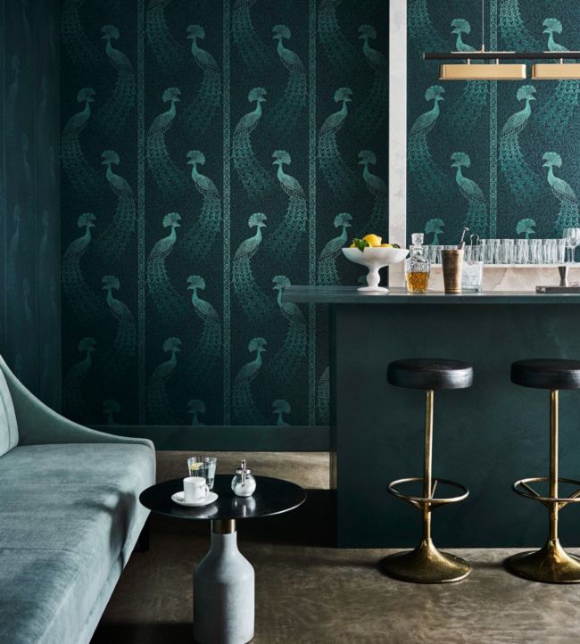 116/8028 - Pavo Parade Wallpaper - Metallic Petrol on Ink - Cole & Son