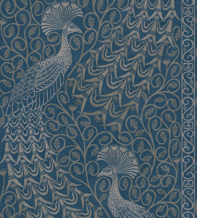 116/8029 - Pavo Parade Wallpaper - Metallic Silver on Denim - Cole & Son