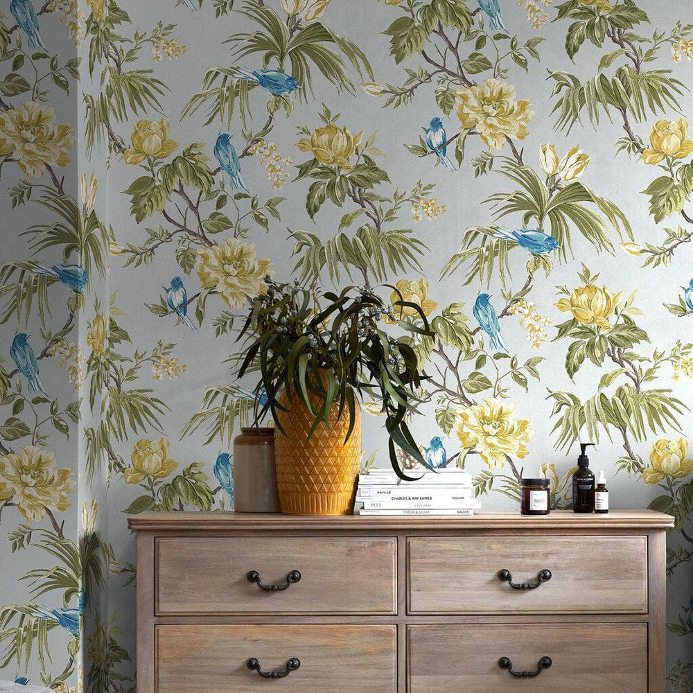 118257 - Birds & Blooms Wallpaper - Grey - Next