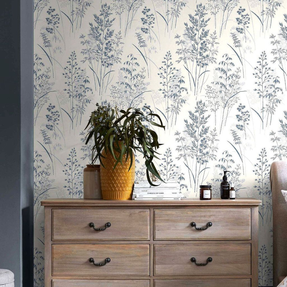 118265 - Leaf Sprigs Wallpaper - Blue - Next