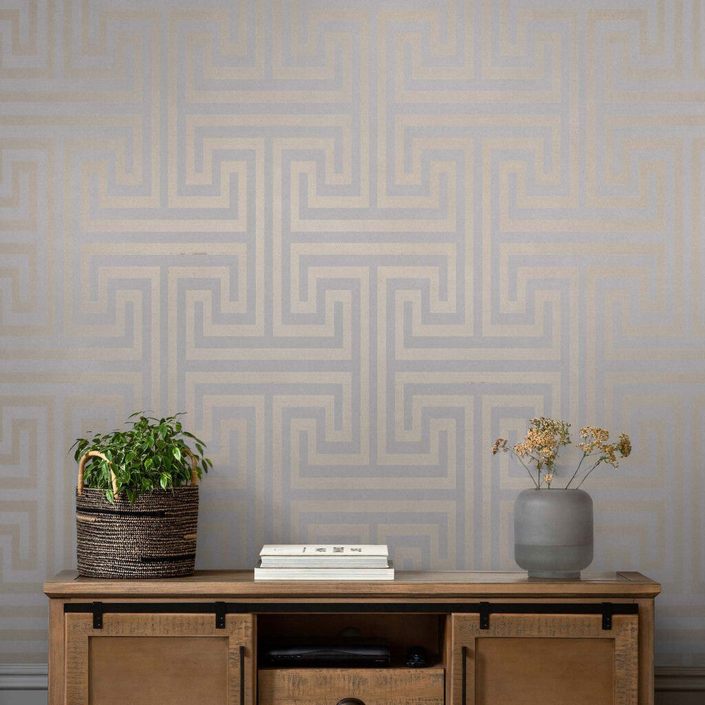 118285 - Metallic Greek Key Wallpaper - Grey - Next