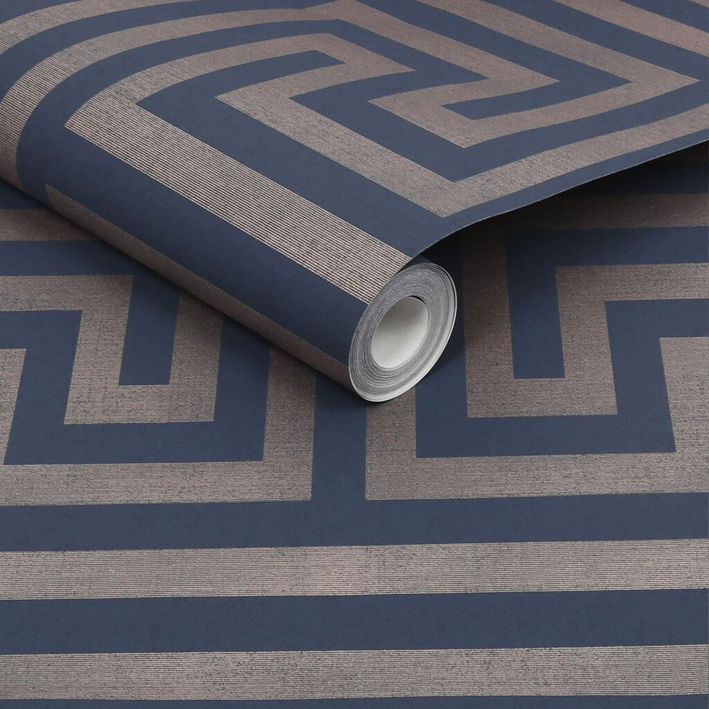 118286 - Metallic Greek Key Wallpaper - Navy - Next