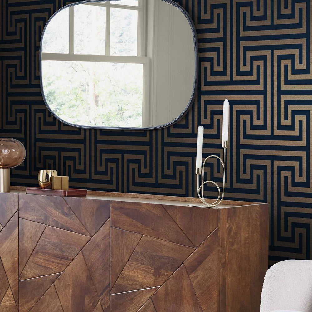 118286 - Metallic Greek Key Wallpaper - Navy - Next