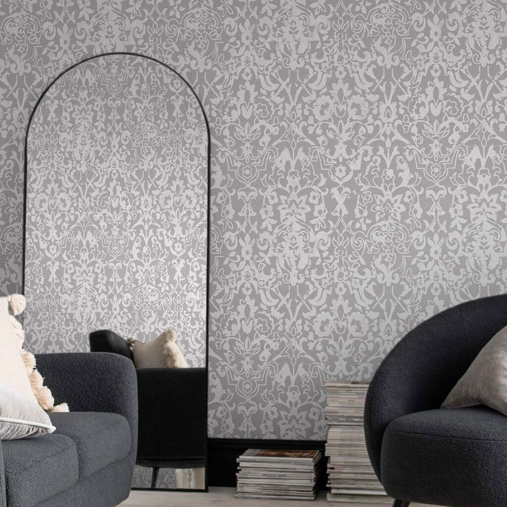 118293 - Majestic Damask Wallpaper - Grey - Next