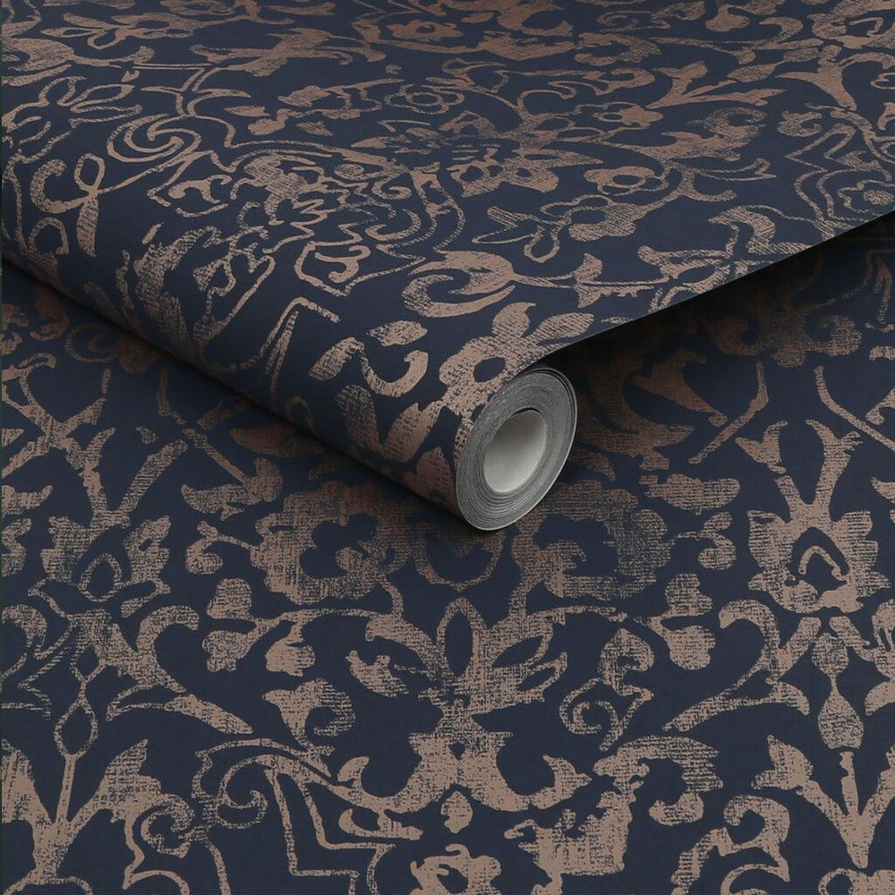 118294 - Majestic Damask Wallpaper - Navy - Next