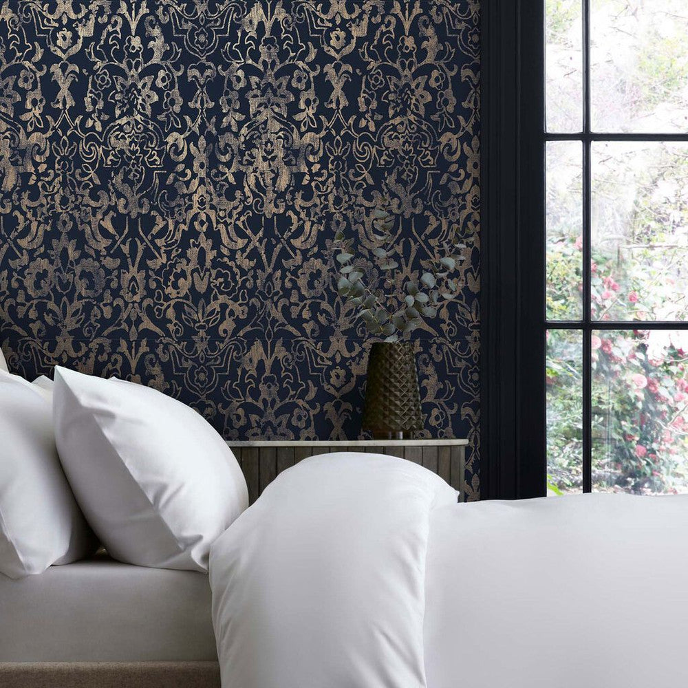 118294 - Majestic Damask Wallpaper - Navy - Next