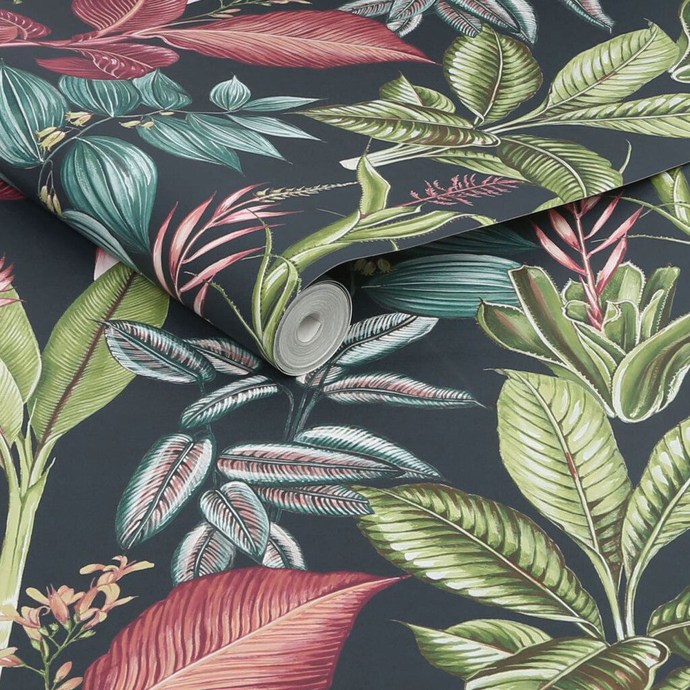 118300 - Fantasy Rainforest Leaves Wallpaper - Navy - Next