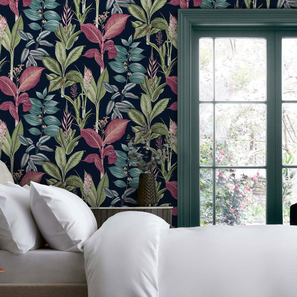 118300 - Fantasy Rainforest Leaves Wallpaper - Navy - Next