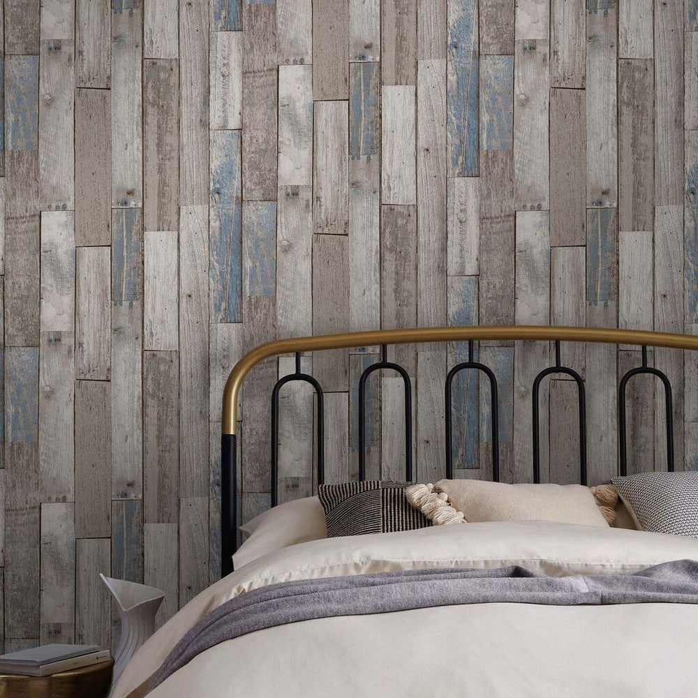 118309 - Distressed Wood Plank Wallpaper - Blue - Next