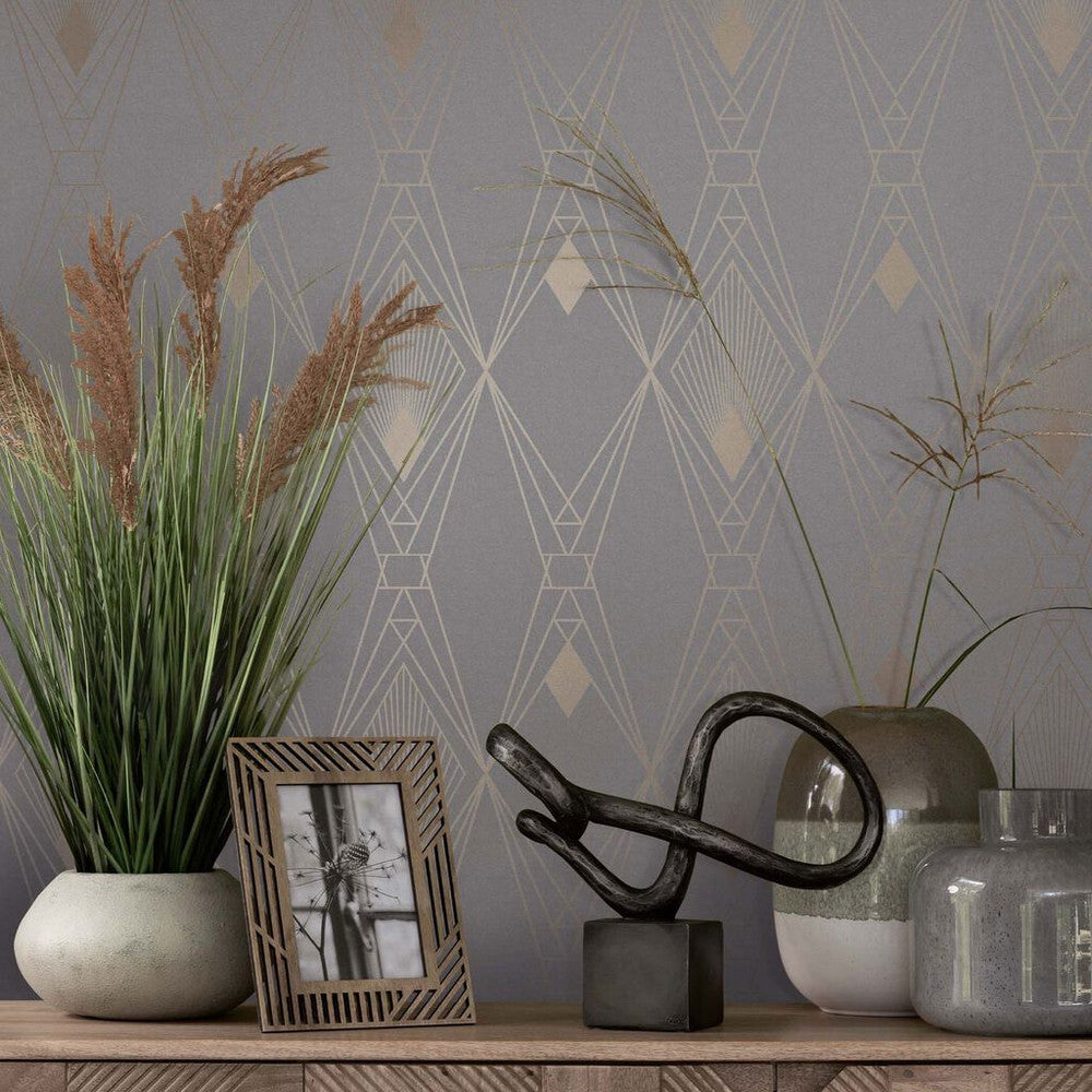 118314 - Deco Geometric Wallpaper - Grey - Next